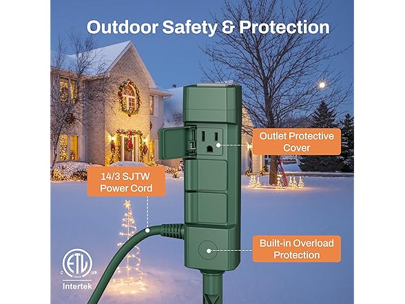 BN-LINK 15ft Outdoor Extension Cord 14/3 SJTW Waterproof with Power Stake