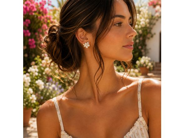 18K Gold Flower CZ Stud Earrings