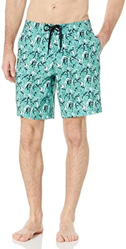 Amazon Essentials Men's Board Shorts, Turquoise Green Tropical Leaves, Large