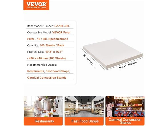 VEVOR Fryer Filter Paper 100-Pack
