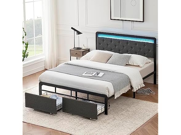 Queen Bed Frame w/ 2 Drawers, LED Light