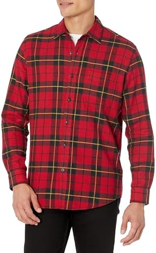 Amazon Essentials Men's Long-Sleeve Flannel Shirt (Available in Big & Tall), Black Red Yellow Large Plaid, X-Small