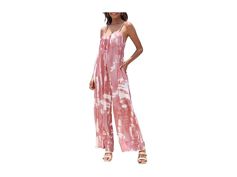 FKEEP Women's Loose V Neck Sleeveless Jumpsuits Adjustable Spaghetti Strap Romper Casual Wide Legs Pants with Pockets(B-Pink,2X-Large)
