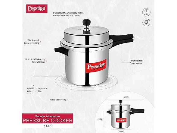Prestige Popular Aluminium Pressure Cooker, 6 Liters