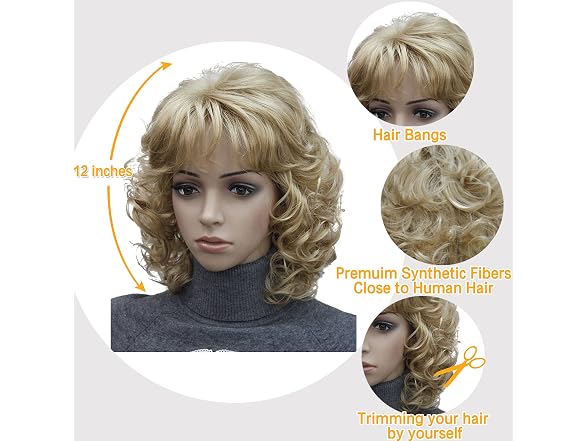 Kalyss Short Curly Blonde Wig with Bangs 12 in