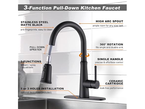 WOWOW Matte Black Kitchen Faucets with Pull Down Sprayer