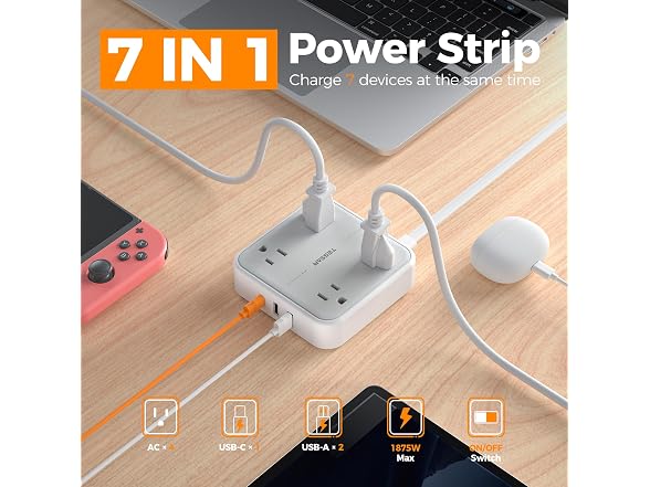 TESSAN 900J Power Strip 5ft Cord (4 Outlets, 3 USB)