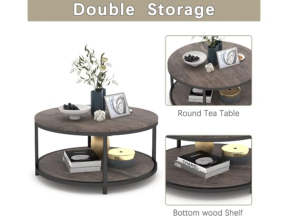 Round Coffee Table, 36 Inch 2-Tier