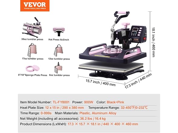 Heat Press Machine, 12 x 15 inch, 8 in 30oz
