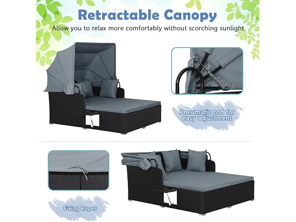 Goplus Salches Outdoor Rattan Daybed with Retractable Canopy