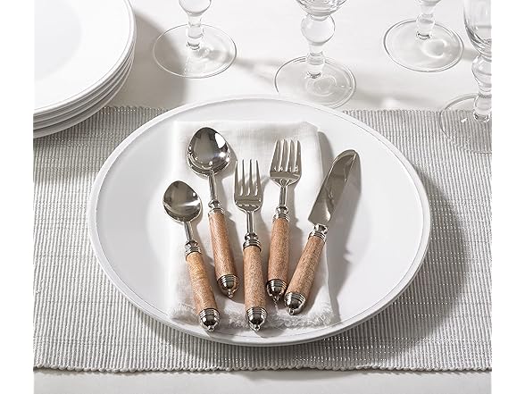 Natural Bark Wood Style Handle Place Setting Flatware (Set of 5)