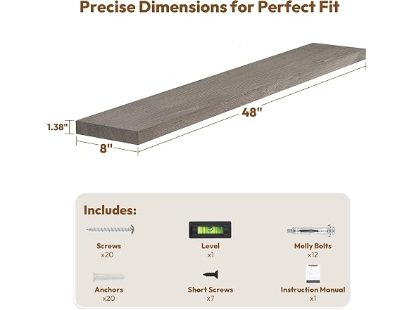 Vivelove Grey Elm Wood Floating Shelf 48"x8"