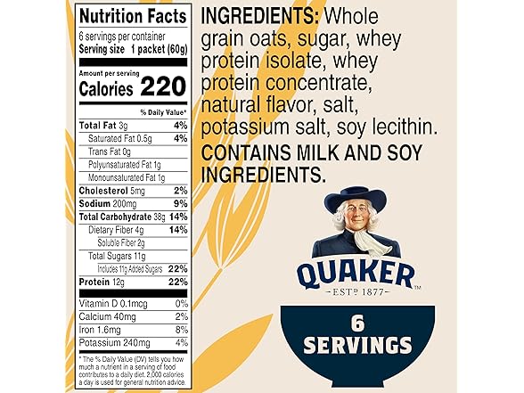 6CT Quaker Protein Instant Oatmeal, Maple Brown