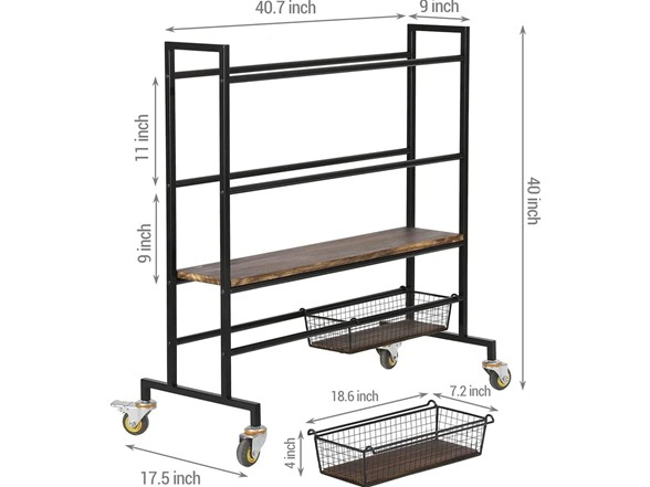 Heavy Duty Black Metal Sports Equipment Rolling Rack with Wood Shelves