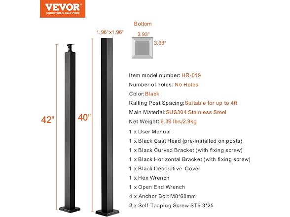 Cable Railing Post, 42" x 2" x 2" Steel Level