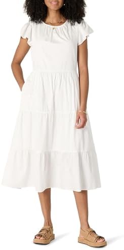 Amazon Essentials Women's Relaxed-Fit Cotton Sateen Crewneck Tiered Midi Dress, White, Large