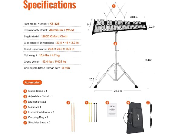 VEVOR 32 Note Glockenspiel Xylophone Bell Kit