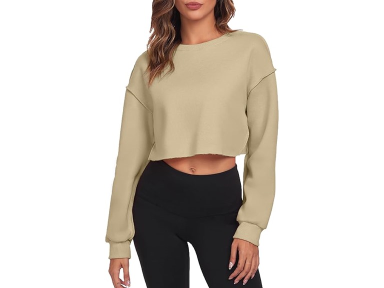 FKEEP Cropped Sweatshirts for Women Long Sleeves Crewneck Pullover Crop Tops Oversized Fit