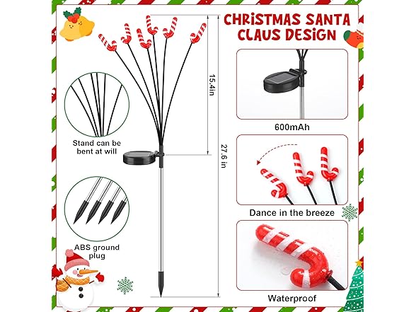 Hakol Baquler 4 Pack Christmas Solar Lights (Candy Cane)