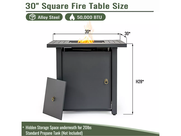 30" Sq Black Steel Fire Table – 50k BTU