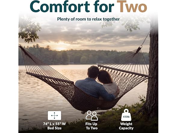 Sunnydaze Double Cotton Rope Hammock for Outside with Spreader Bar, Brown