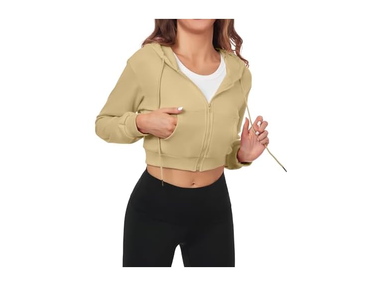 FKEEP Cropped Zip Up Hoodie Women Jacket Top Sweatshirt Casual Basic Gym Workout Sport Beige
