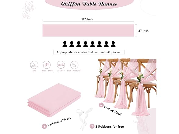 Chiffon Table Runner 27x120 Inches Sheer Pink Table Runners 2 Packs 10Ft