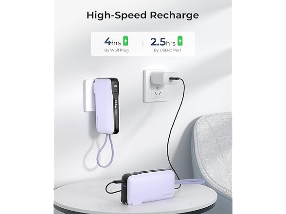 JOYFAR 10,000mAh Powerbank w/AC Plug and Built-in Cables