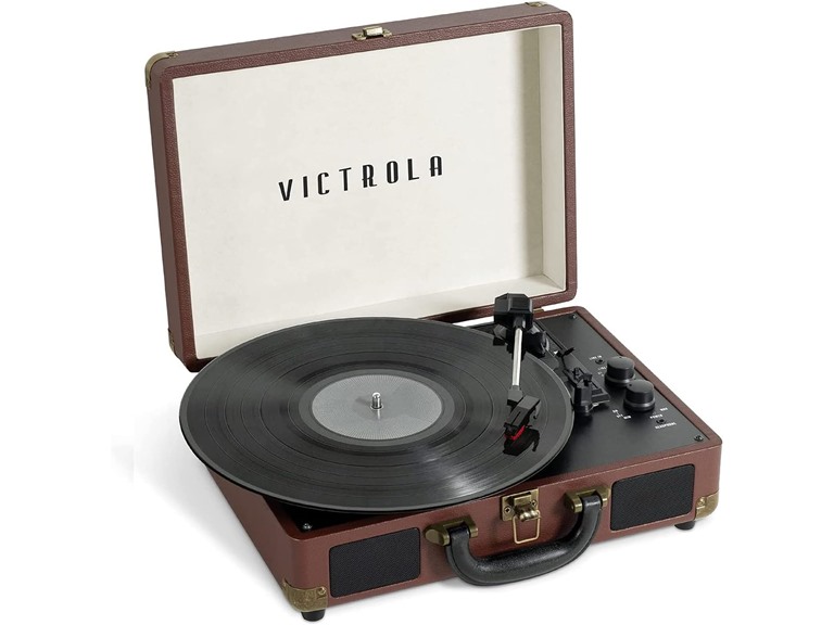 (NEW) Victrola Vintage 3-Speed Bluetooth Portable Suitcase Record Player with Built-in Speakers