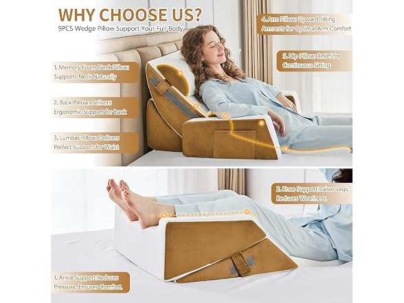 paxato 9PCS Wedge Pillow Set Brown