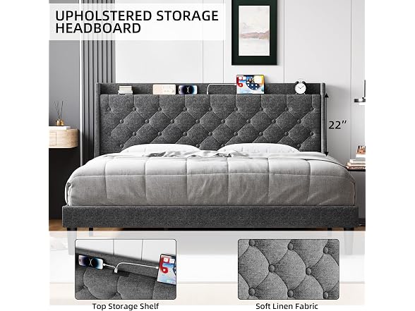 GAOMON Full Bed Frame, Charging, Grey