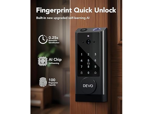 DEVO G1 Video Smart Lock with Camera & Doorbell, 6-in-1 Keyless Entry Door Lock for Front Door with Fingerprint, Auto Locks, App Remote, Wi-Fi Smart Deadbolt Black (Open Box)