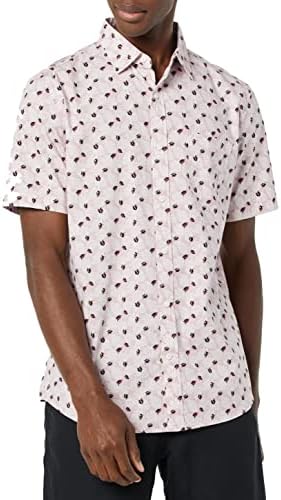 Amazon Essentials Short Sleeve Shirt for Men, Available in Big & Tall, Light Pink Palm Leaf Print, Large