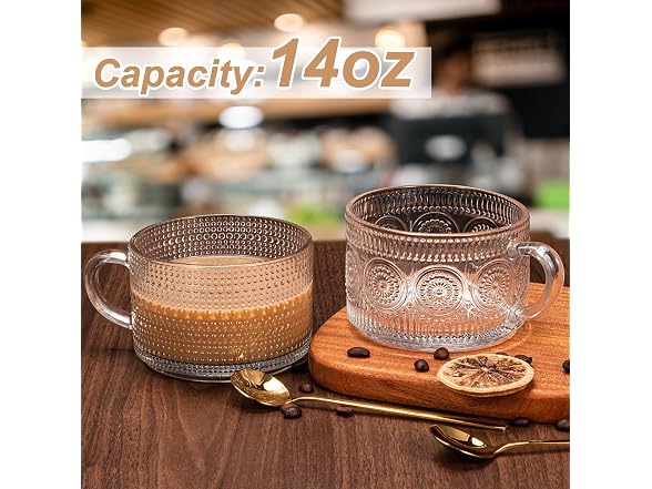 Xigugo 14oz Vintage Glass Coffee Mugs