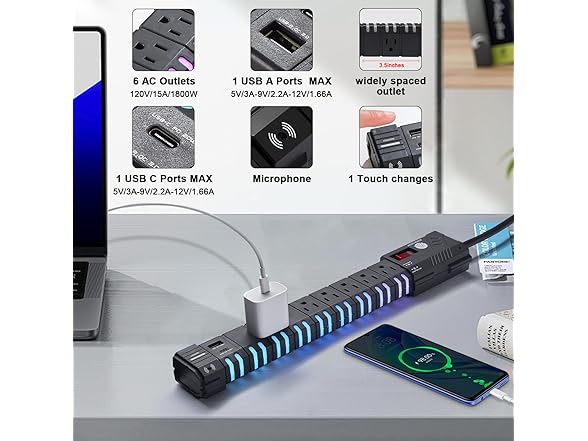 SURGE GLOW 6FT 4200J 6 Outlet RGB Power Strip