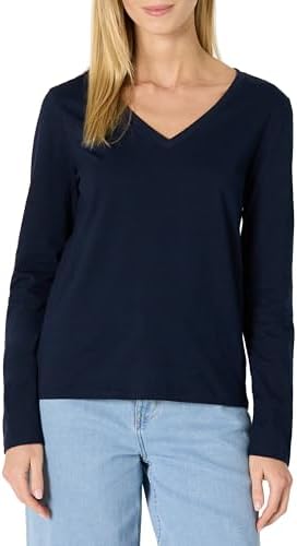 Amazon Essentials Women's 100% Cotton Regular-Fit Long-Sleeve V-Neck T-Shirt, Navy, Medium