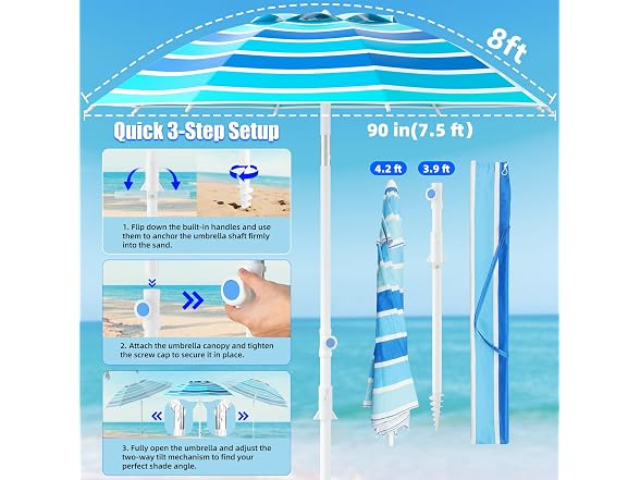 Alfolive 8FT Beach Umbrella for Sand - Gallery 5