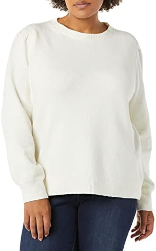 Amazon Essentials Women's Soft Touch Pleated Shoulder Crewneck Sweater, Ivory, Small