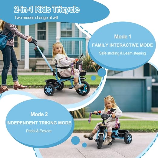 Kids Tricycle w/ Push Bar Storage Basket- Choose Color - Gallery 16