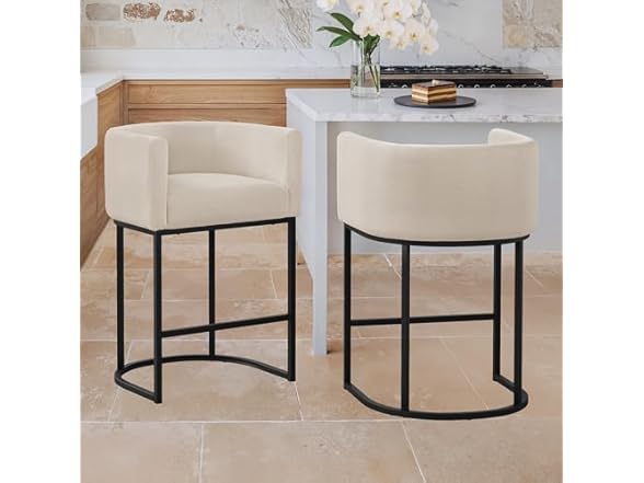 LUE BONA 27" H Counter Height Bar Stools Set of 2, Modern Barrel Counter Stools with Backrest and Arms, Black Metal Frames, Linen Fabric Upholstered Accent Barstools for Kitchen Island, Linen Color (Open Box)