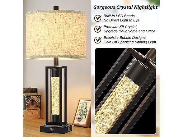 TOBUSA 26" Crystal Table Lamps Single Black