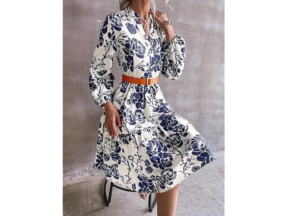 Floerns Women (L) V Neck Ruffle Hem Lantern Dress