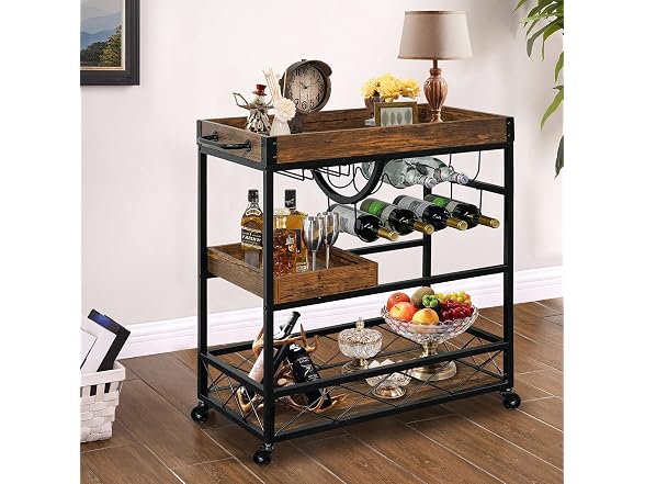 Bar Cart for Home, 3-Tier Rolling