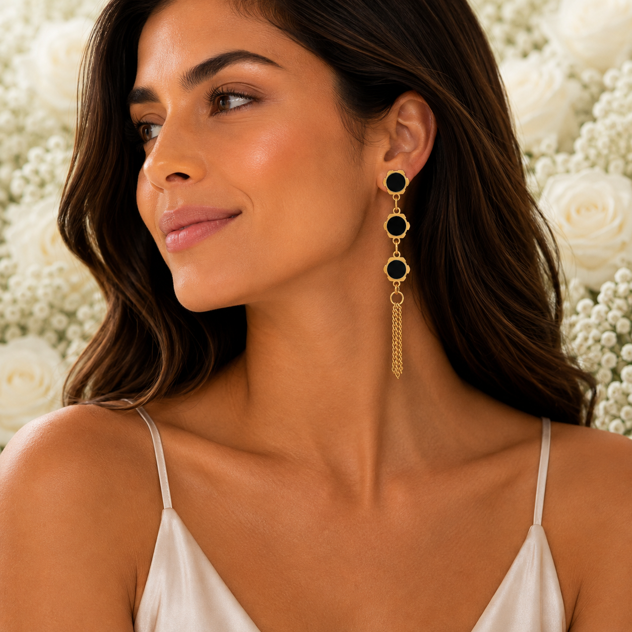 18K Gold Black Stone Tassel Earrings - Gallery 4
