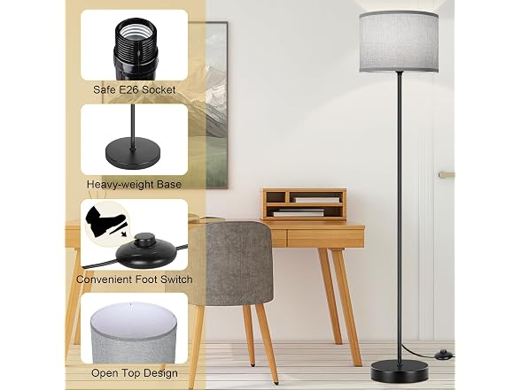 TOBUSA 65’’ Tall Floor Lamp for Bedroom with Grey Shade