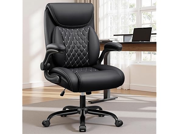 BESTFAIR Office Chair, Ergonomic Computer Desk Chairs with Lumbar Support for Lower Back Pain Relief, Executive Leather Home Chair Comfy with Padded Flip-up Armrests, Black (Open Box)