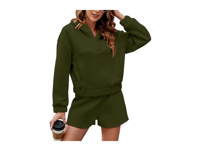 FKEEP Womens 2 Piece Sweatsuit Outfits Half Zip Hoodie Sweat with Shorts Pockets Lounge Winter Tracksuit Wear Matching Set
