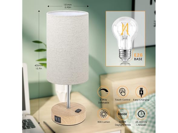 Brightever set of 2 Table Lamps with 2 USB Charging Ports