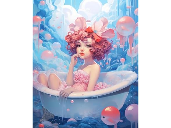 Full Drill Cartoon Girl Bathing Square 