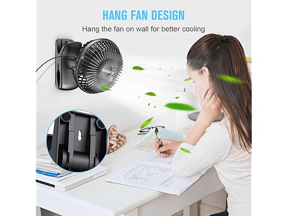 BESKAR Small Clip on Fan, 3 Speeds USB Plug